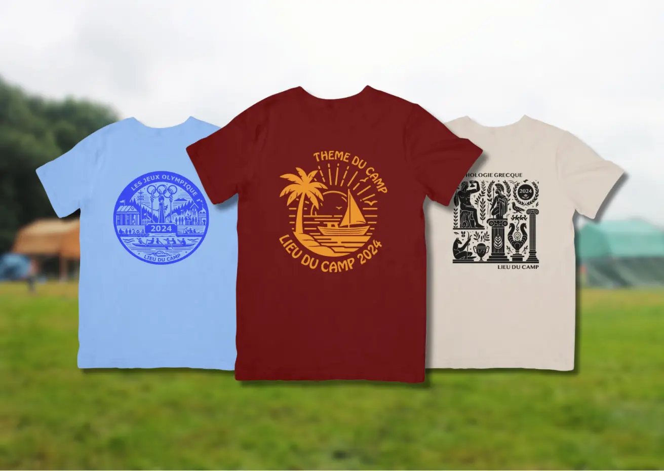 Trois exemples de t-shirts personnalisés avec des idées de logos pour thème de camp d'été scout, patro et guides : Jeux Olympiques, île déserte et mythologie grecque.